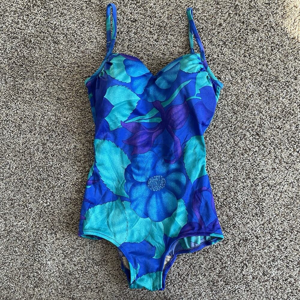 Vintage 70s Roxanne One Piece Swimsuit Womens Size 14 / 36C Floral Green & Blue